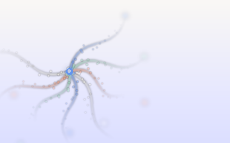 Abstract visualization of search query transforming into branching AI suggestion paths with flowing gradient lines in cobalt blue seafoam green warm coral and cream white showing central node dispersing into luminous trails with particle effects