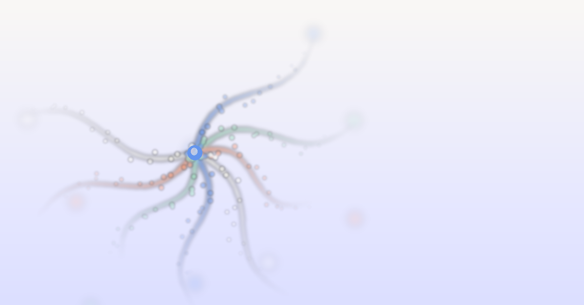 Abstract visualization of search query transforming into branching AI suggestion paths with flowing gradient lines in cobalt blue seafoam green warm coral and cream white showing central node dispersing into luminous trails with particle effects