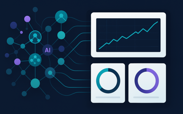 Modern dashboard interface displaying real-time AI optimization analytics, featuring interconnected nodes representing semantic relationships, clean geometric layout with primary colors of deep navy blue, vibrant teal, soft purple accents, and crisp white background, central focus on rising graph lines and AI bot activity indicators, professional SaaS aesthetic with subtle gradients, minimalist composition emphasizing data visualization and connectivity patterns, no text overlays, 1200×628 dimensions